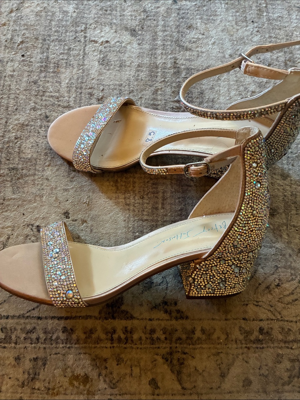 Betsey Johnson Rose Gold Crystal Block Heel Sandals